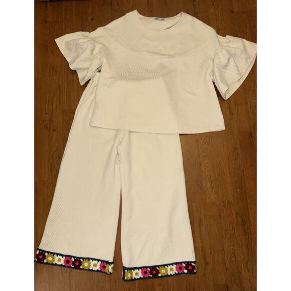 See and Be Seen Womens MD Pants/Top Textured Quilted Lounge Set Cream Floral - Picture 1 of 8